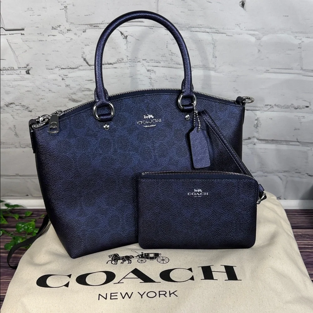 NWT COACH Navy Dark Blue‎ logo print Sadie Satchel, Wristlet, Dust bag BUNDLE.